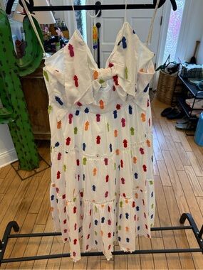 Farm Rio White Cotton Dress with Multicolor Pineapple Embroidery